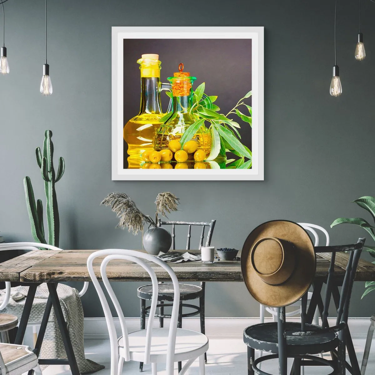Affiche dans un cadre blanc - Poster - Nature morte aux olives et à l'huile d'olive - 50x50 cm