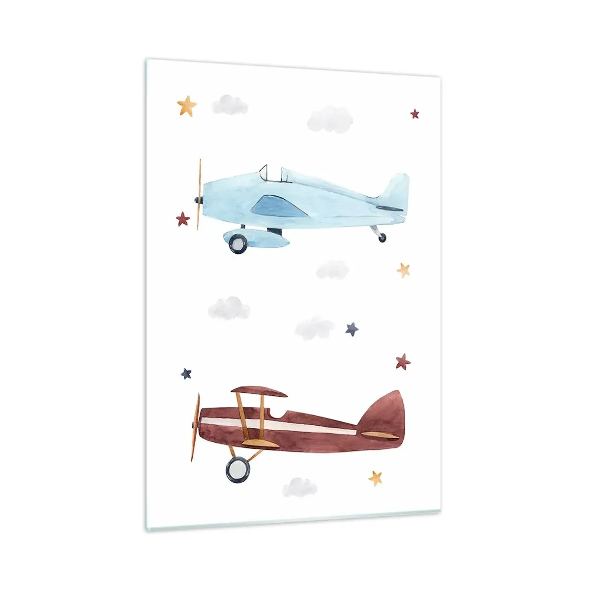 Impression sur verre - Image sur verre - Deux avions colorés parmi les étoiles et les nuages - 50x70cm - Monsieur le pilote, nous vous attendons ! - Décoration murale moderne pour le salon et la chambre ARTTOR
