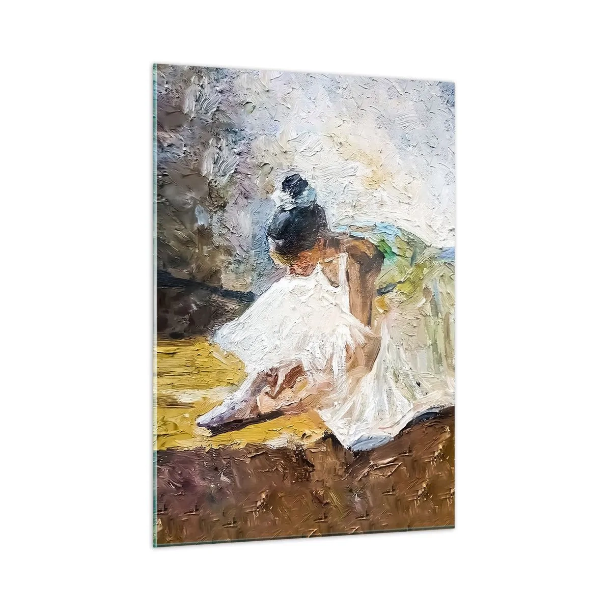 Impression sur verre - Image sur verre - Une ballerine penchée en avant dans une robe blanche peinte avec une texture à l'huile - 50x70cm - D'après un tableau de Degas - Décoration murale moderne pour le salon et la chambre ARTTOR