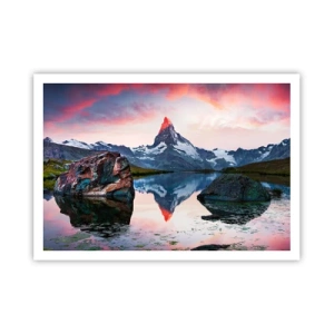 Affiche - Poster - Un sommet de montagne se reflétant dans un lac au coucher du soleil - 100x70cm - Le coeur des montagnes est chaud - Décoration murale moderne pour le salon et la chambre ARTTOR