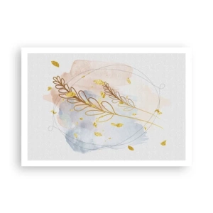 Affiche - Poster - Un délicat motif de feuille dorée sur un fond pastel avec des détails aquarelles. - 100x70cm - Explosion d'or - Décoration murale moderne pour le salon et la chambre ARTTOR