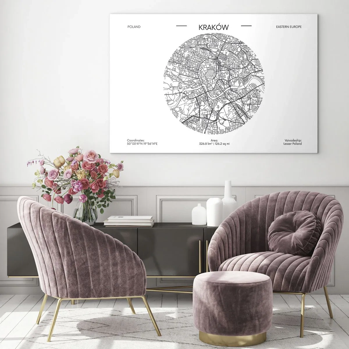 Impression sur verre - Image sur verre - Une carte de Cracovie dans un style d'illustration en noir et blanc - 120x80cm - Anatomie de Cracovie - Décoration murale moderne pour le salon et la chambre ARTTOR