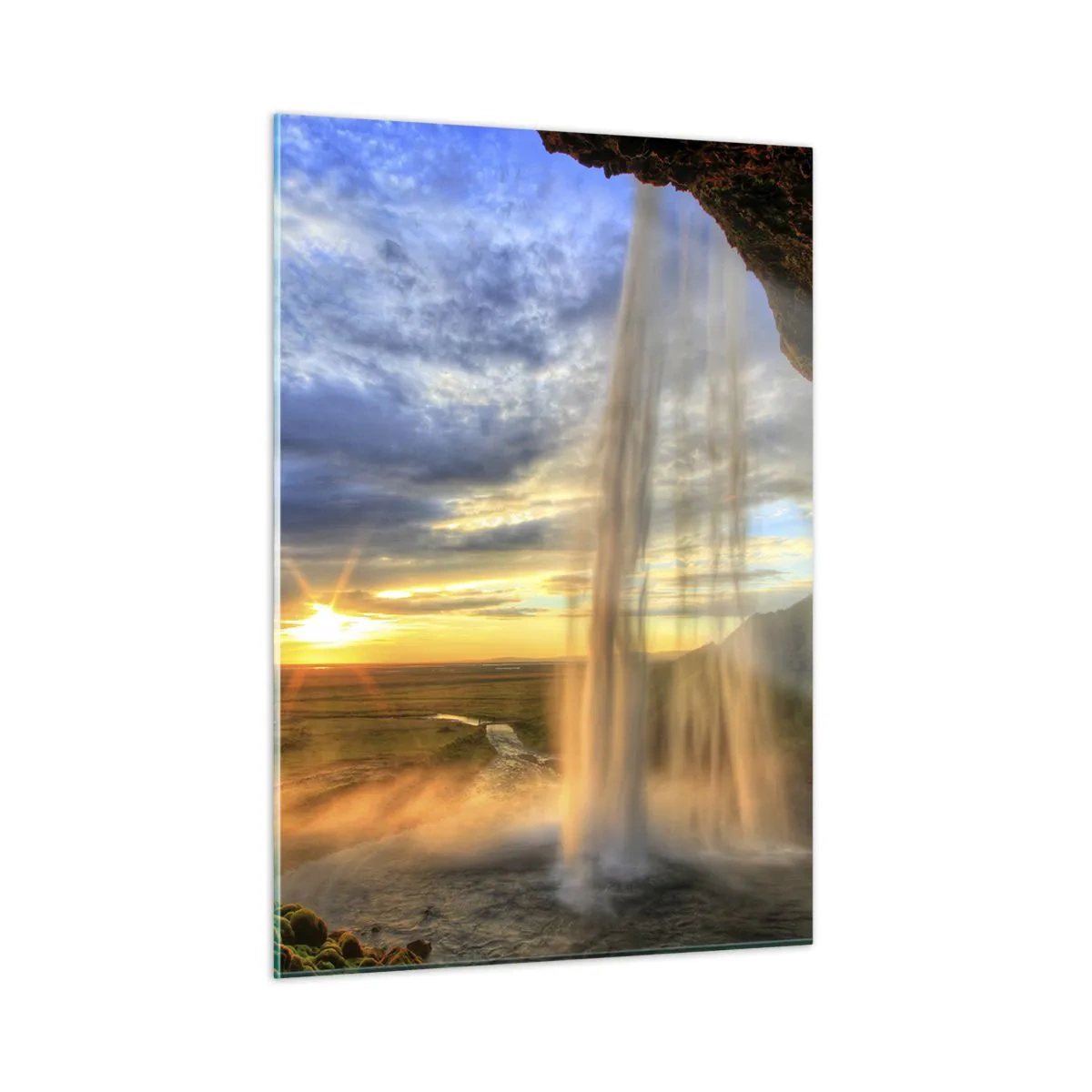Impression sur verre - Image sur verre - Cascade avec vue sur le coucher de soleil et la vallée - 50x70cm - Le monde derrière un voile de gouttes - Décoration murale moderne pour le salon et la chambre ARTTOR