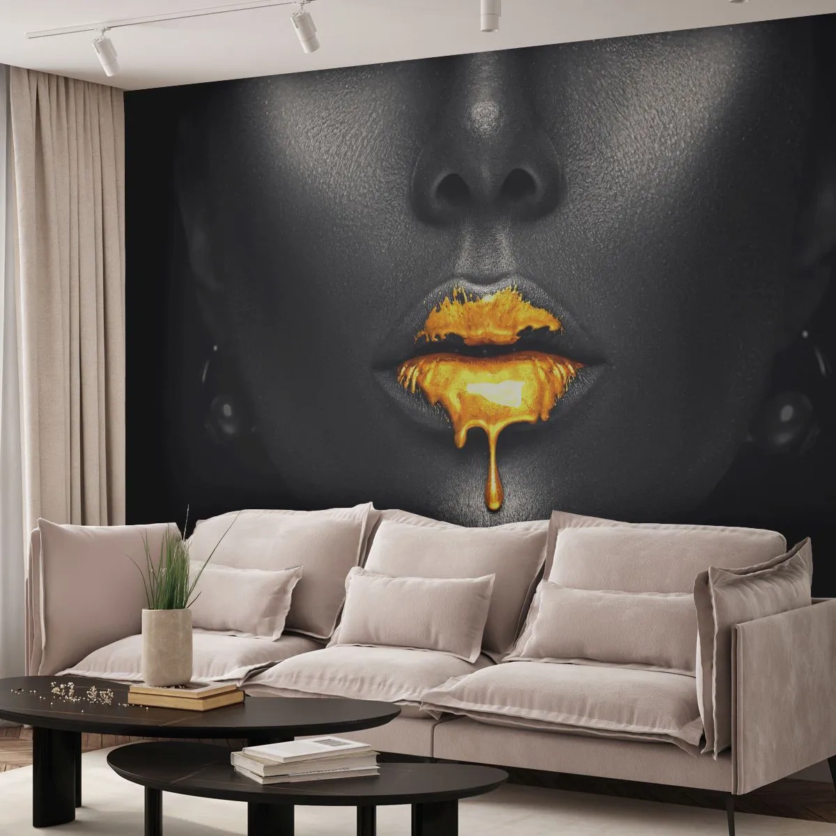 Papier Peint Photo Premium Canvas - Bouche d'or - Abstraction, Bouche de femme, Visage de femme - 150x105 cm