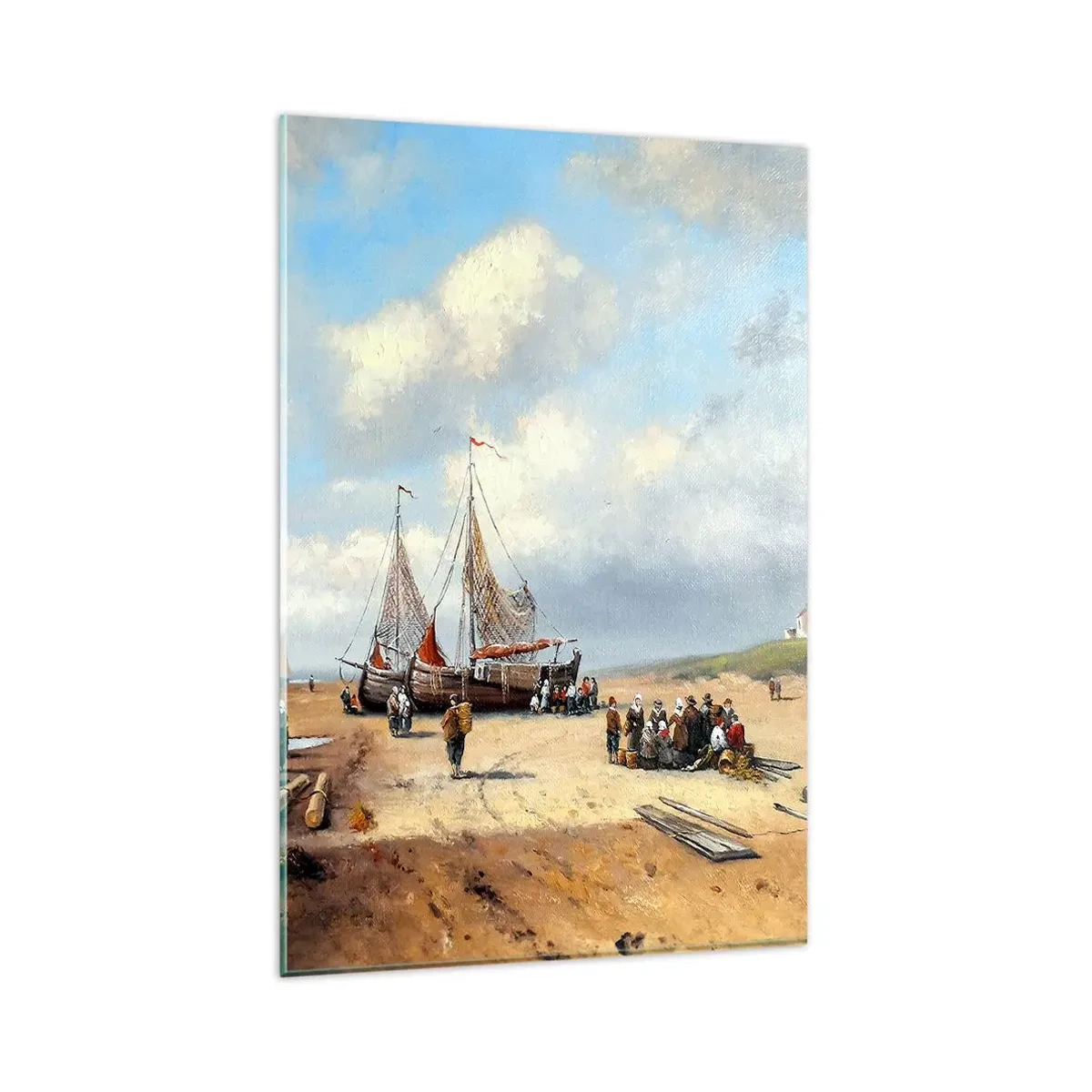 Impression sur verre - Image sur verre - Bateaux de pêche sur la plage avec des figures humaines - 80x120cm - Après une capture réussie - Décoration murale moderne pour le salon et la chambre ARTTOR