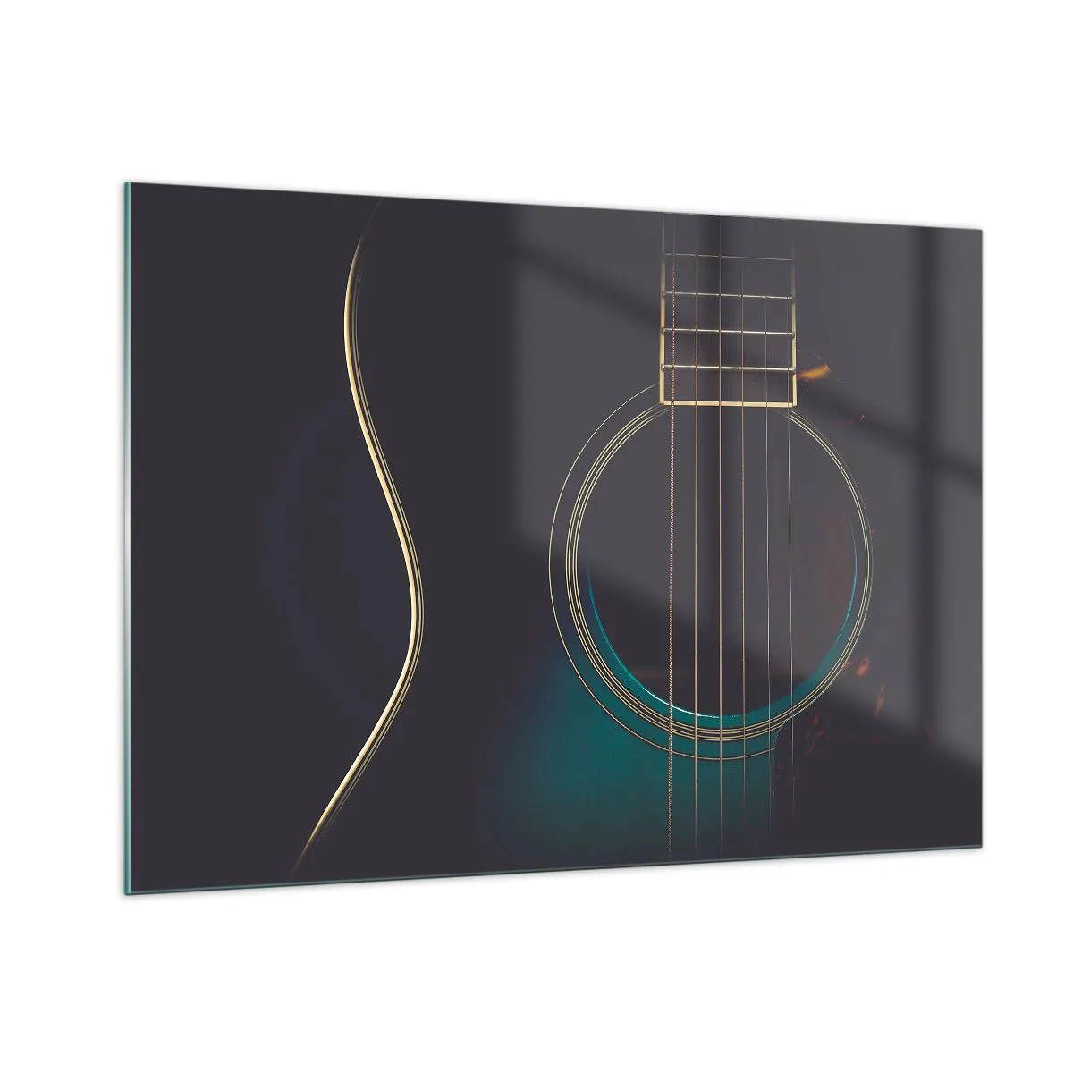 Impression sur verre - Image sur verre - Gros plan d'une guitare acoustique noire avec détails des cordes - 100x70cm - Le calme avant la tempête - Décoration murale moderne pour le salon et la chambre ARTTOR