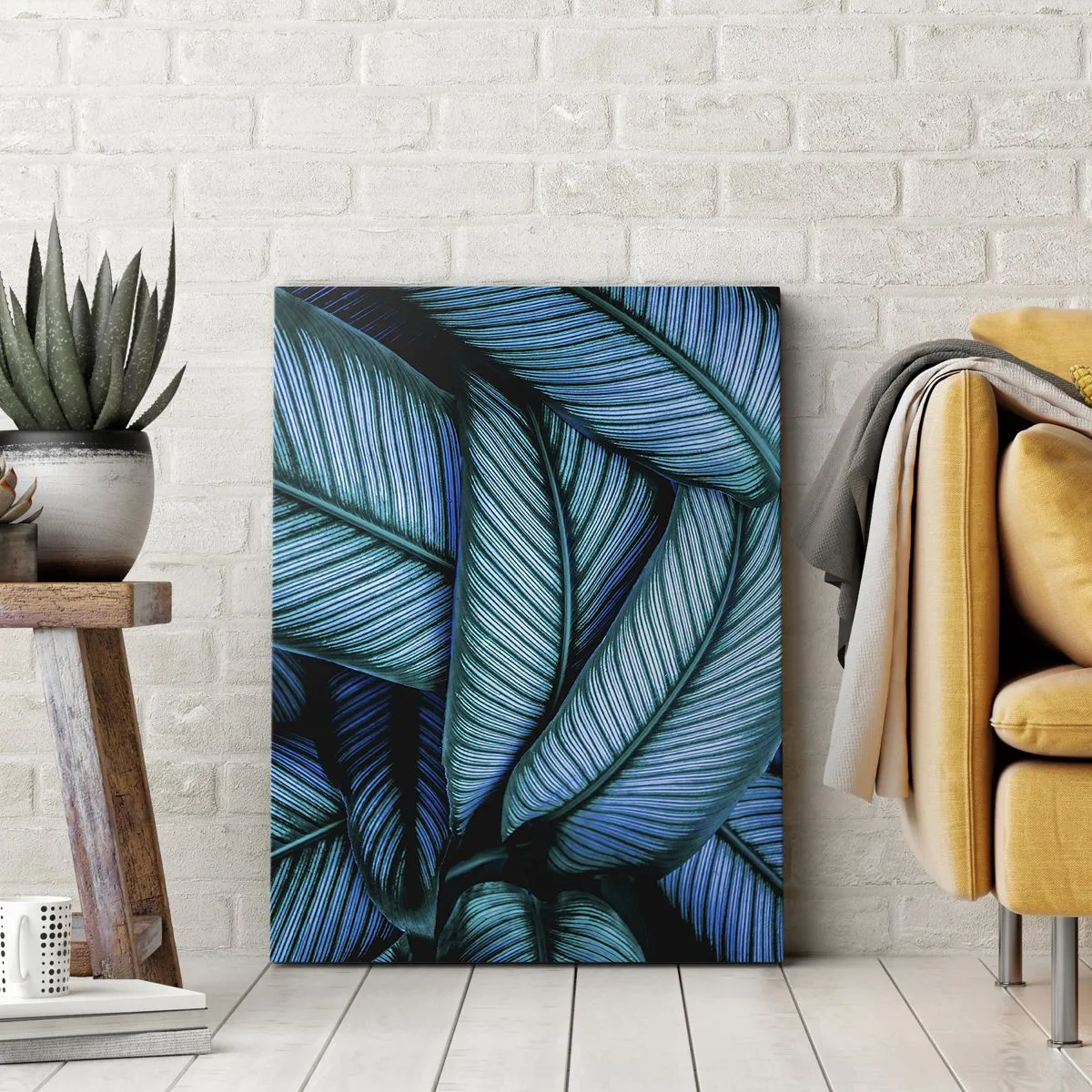 Impression sur toile - Image sur toile - Un gros plan de feuilles turquoise avec des détails vifs. - 50x70cm - Lignes de vie - Décoration murale moderne pour le salon et la chambre ARTTOR