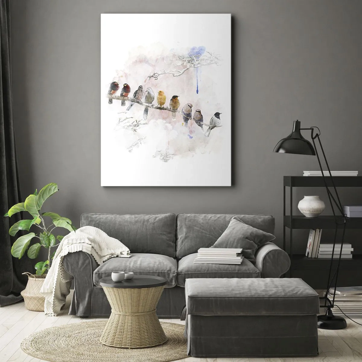 Impression sur toile - Image sur toile - Oiseaux colorés sur une branche dans un style aquarelle - 80x120cm - Rencontre ailée - Décoration murale moderne pour le salon et la chambre ARTTOR