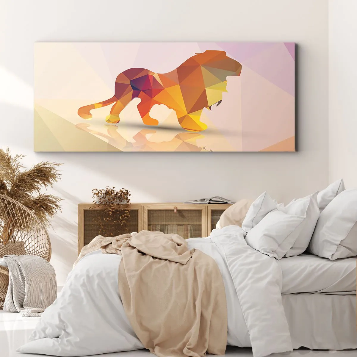 Impression sur toile - Image sur toile - Silhouette géométrique d'un lion dans les tons jaune et orange - 120x50cm - Le roi du diamant - Décoration murale moderne pour le salon et la chambre ARTTOR