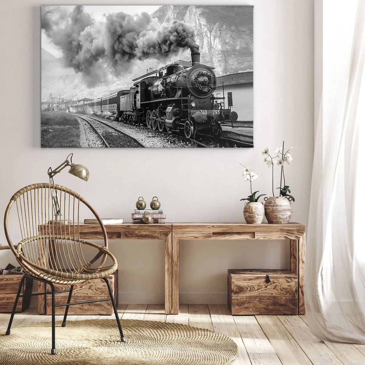 Impression sur toile - Image sur toile - Une locomotive à vapeur noire et blanche sur fond de paysage de montagne - 100x70cm - Attend à la gare... - Décoration murale moderne pour le salon et la chambre ARTTOR