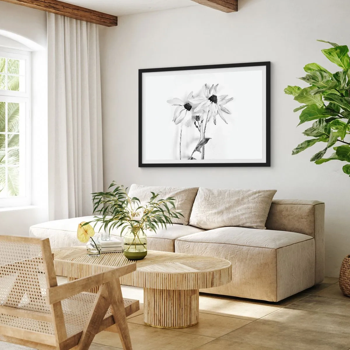 Affiche dans un cadre noir - Poster - Fleurs noires et blanches avec une composition subtile - 70x50cm - Personne ne souhaite être seul - Décoration murale moderne pour le salon et la chambre ARTTOR