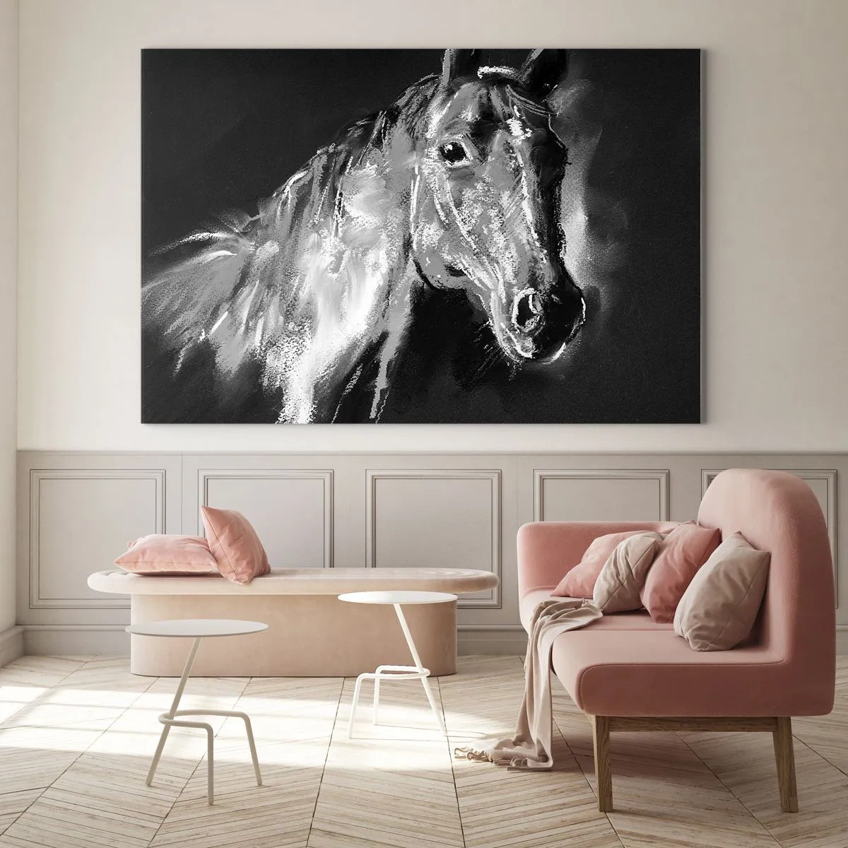 Impression sur verre - Image sur verre - Portrait d'un cheval dans les tons de noir et blanc sur fond sombre - 100x70cm - L'éclat d'une âme noble - Décoration murale moderne pour le salon et la chambre ARTTOR