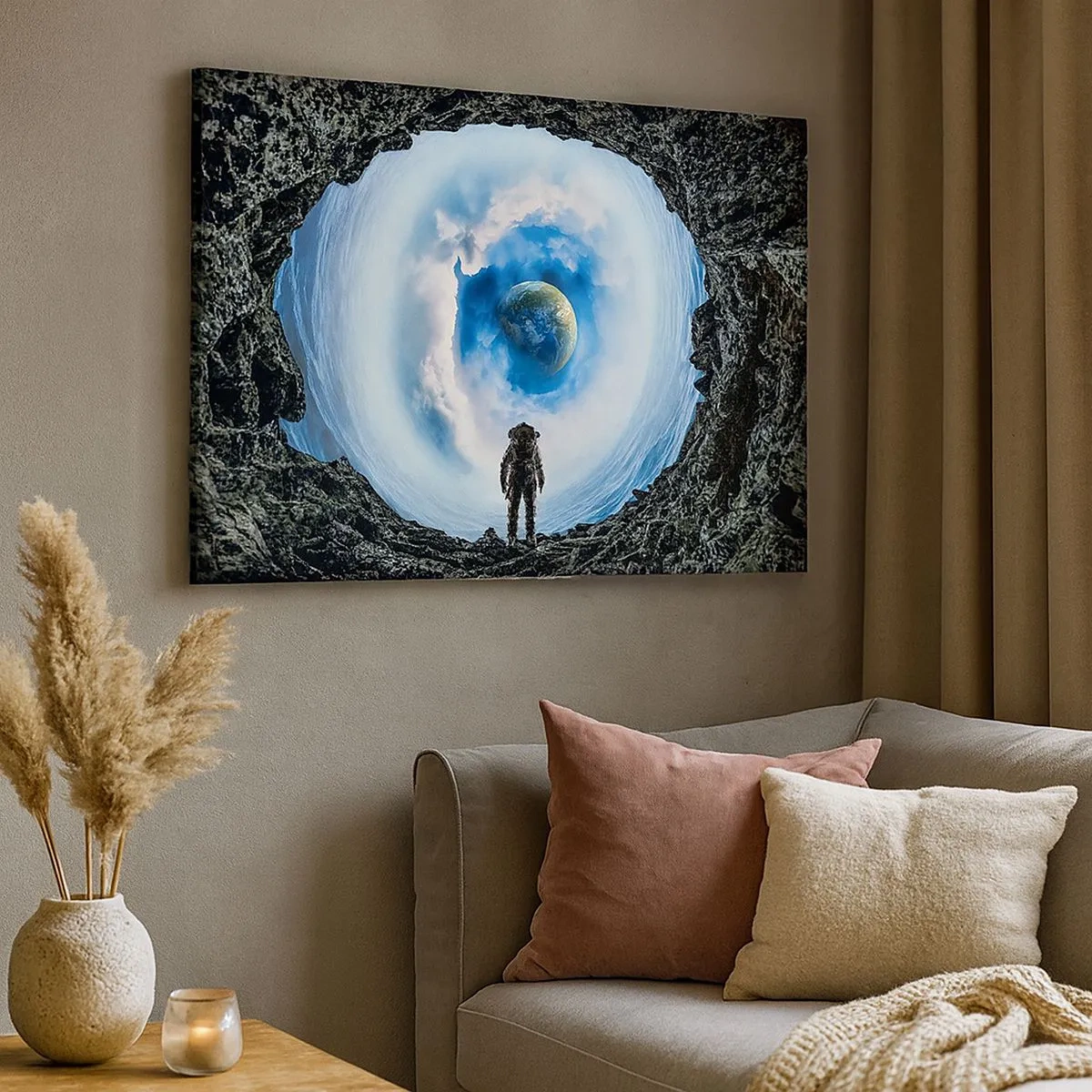 Impression sur toile - Image sur toile - Astronaute devant un paysage spatial avec la Terre en arrière-plan - 70x50cm - Plus très loin de la maison - Décoration murale moderne pour le salon et la chambre ARTTOR