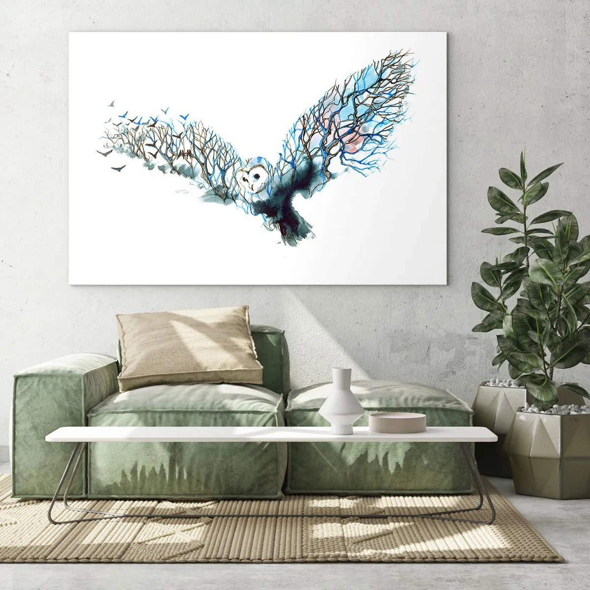 Impression sur verre - Image sur verre - Illustration d'un hibou avec des branches à la place des ailes - 120x80cm - Sur les ailes de la forêt - Décoration murale moderne pour le salon et la chambre ARTTOR