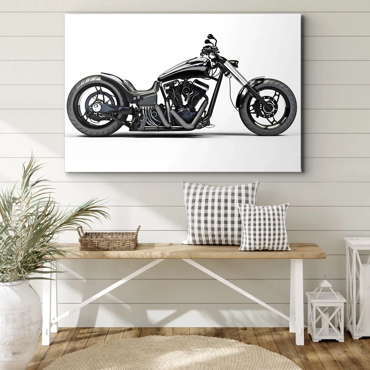 Impression sur toile - Image sur toile - Moto customisée noire élégante sur fond blanc - 70x50cm - Pour ceux qui aiment la liberté - Décoration murale moderne pour le salon et la chambre ARTTOR