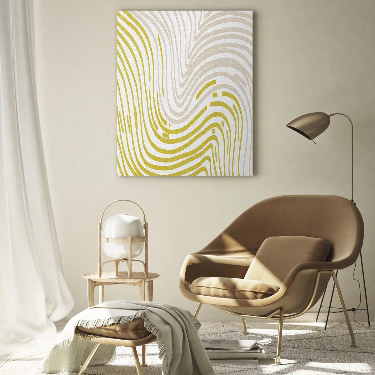 Impression sur verre - Image sur verre - Un motif abstrait avec des lignes ondulées dans des tons de jaune et de beige. - 70x100cm - Une composition au léger virage - Décoration murale moderne pour le salon et la chambre ARTTOR