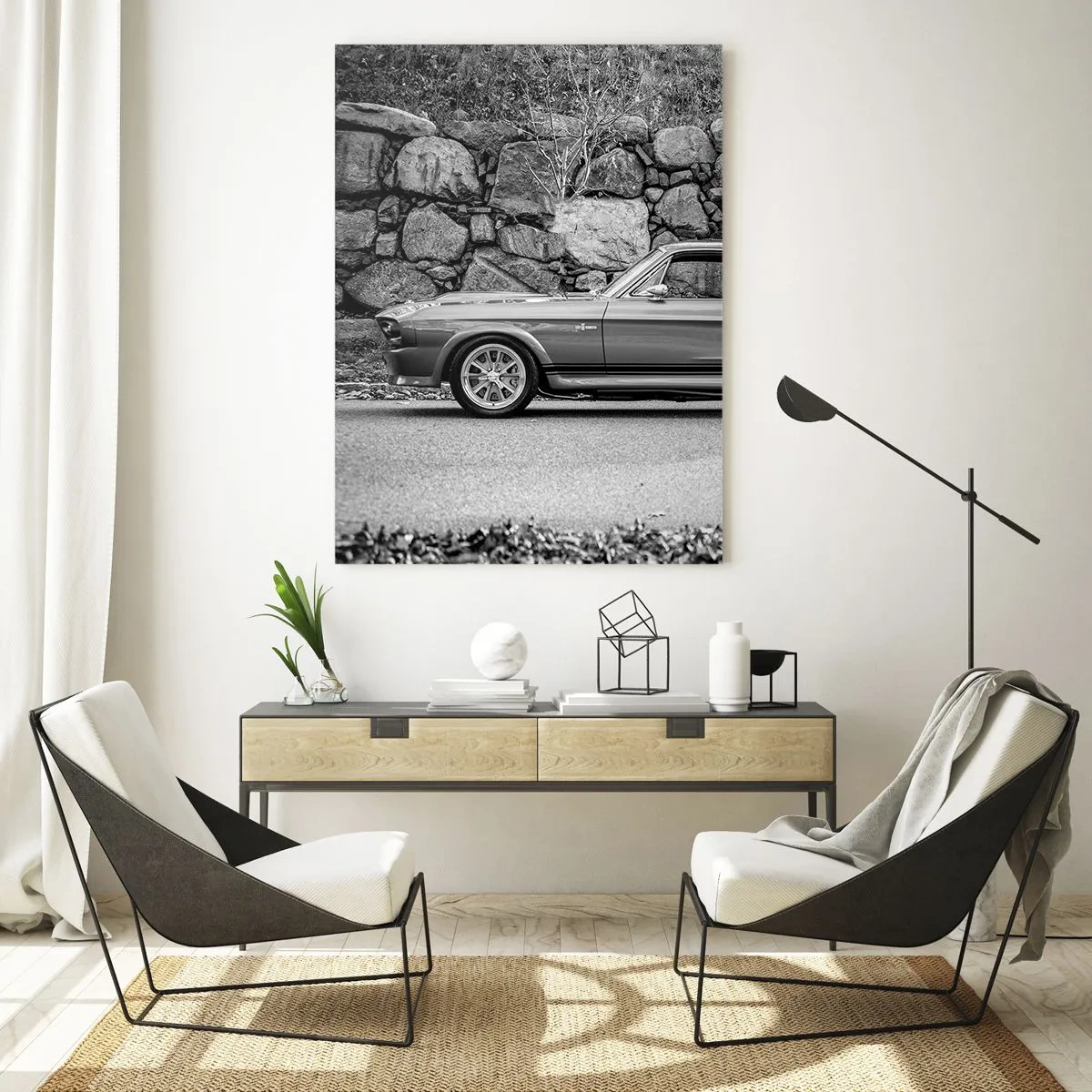 Impression sur verre - Image sur verre - Photo en noir et blanc d'une voiture classique - 80x120cm - Légende des années 60 - Décoration murale moderne pour le salon et la chambre ARTTOR