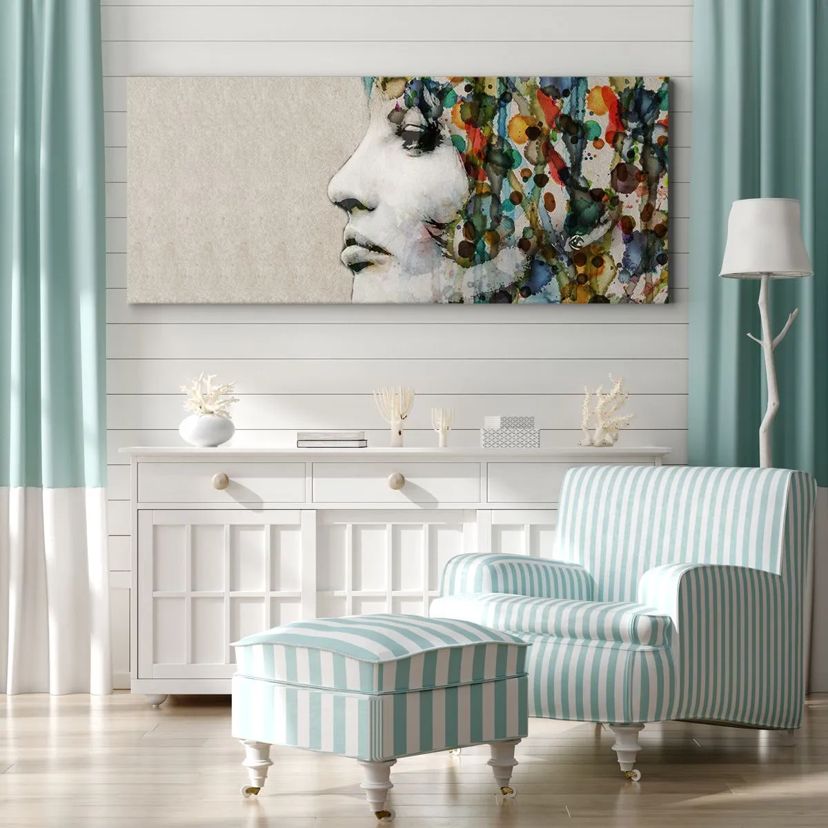 Impression sur toile - Image sur toile - Profil d'une femme aux couleurs aquarelles avec un fond abstrait - 140x50cm - Elle est sortie de la grisaille - Décoration murale moderne pour le salon et la chambre ARTTOR