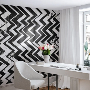 Papier Peint Photo Premium Sand - Motif zigzag noir et blanc avec effet vieilli - 100x70cm - Zig-blanc, zag-noir - Décoration murale moderne pour le salon et la chambre ARTTOR