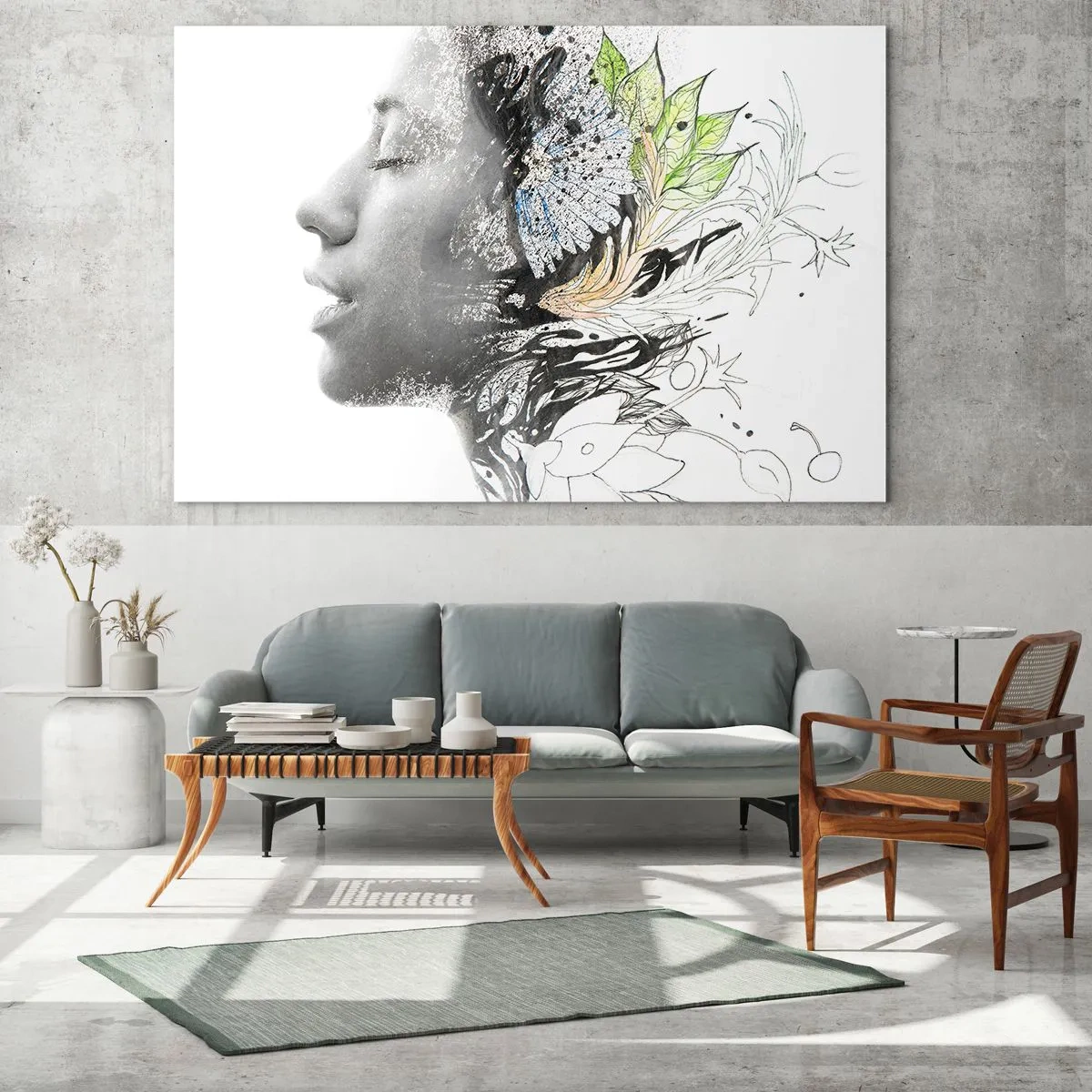 Impression sur verre - Image sur verre - Profil de femme avec des motifs de la nature dans un style monochrome - 120x80cm - Immergé dans la nature - Décoration murale moderne pour le salon et la chambre ARTTOR
