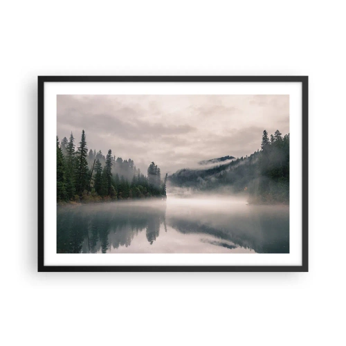 Affiche dans un cadre noir - Poster - Une forêt brumeuse se reflétant dans un lac calme - 70x50cm - Reflet dans le brouillard - Décoration murale moderne pour le salon et la chambre ARTTOR