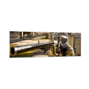 Impression sur verre - Image sur verre - Un joueur de paintball en tenue de camouflage visant un marqueur - 160x50cm - Et vous pouvez devenir un héros - Décoration murale moderne pour le salon et la chambre ARTTOR
