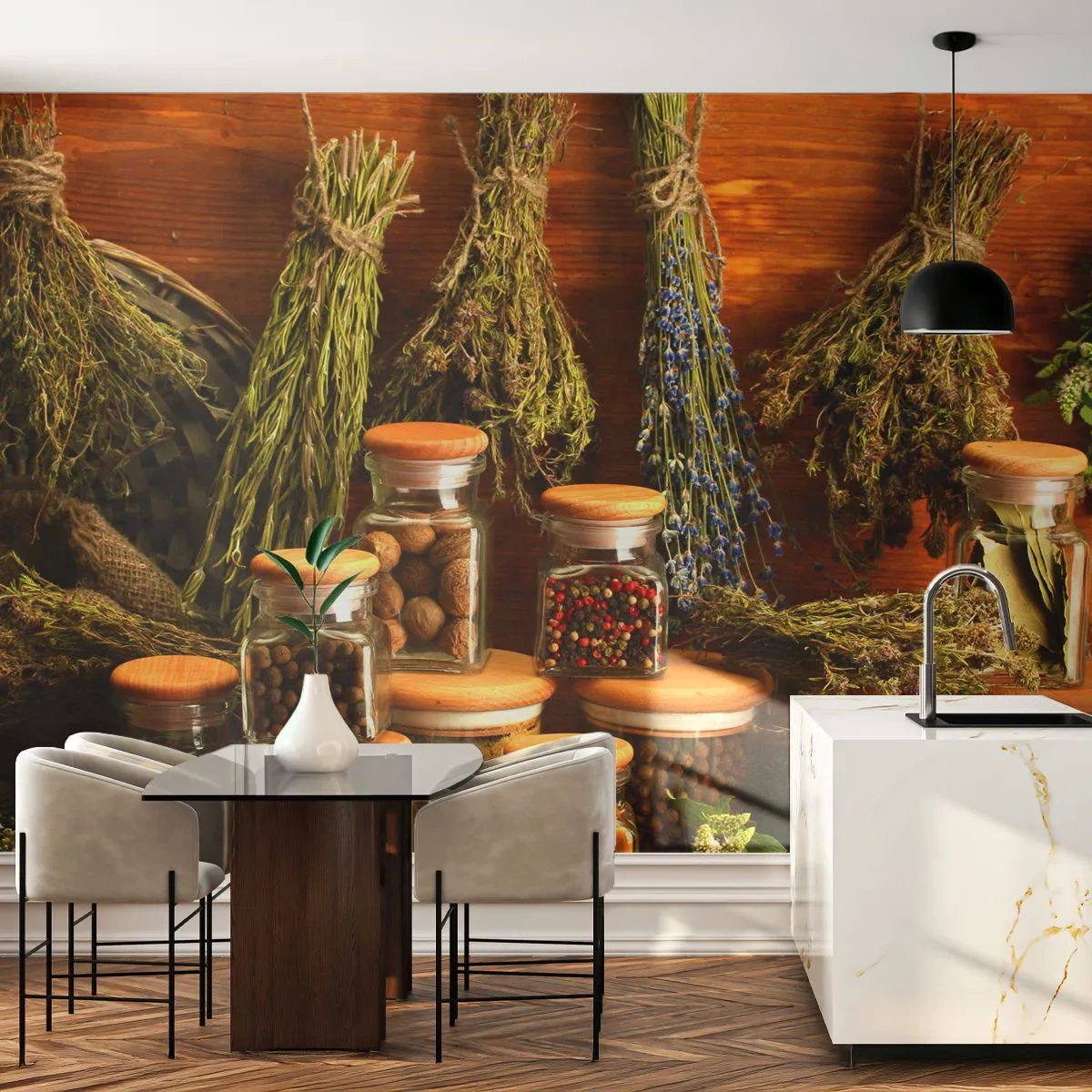 Papier Peint Photo Standard Eco - Herbes et épices séchées dans des pots sur un fond en bois - 100x70cm - Sortilèges de cuisine - Décoration murale moderne pour le salon et la chambre ARTTOR