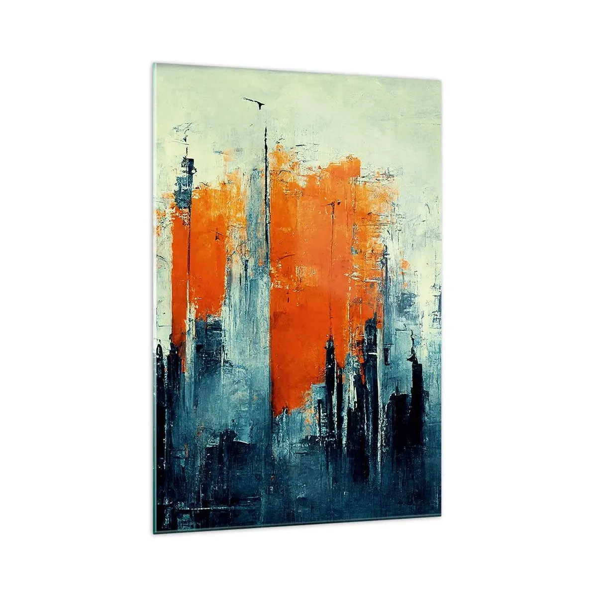 Impression sur verre - Image sur verre - Paysage urbain abstrait dans des tons orange et bleu - 70x100cm - Paysage moderne - Décoration murale moderne pour le salon et la chambre ARTTOR
