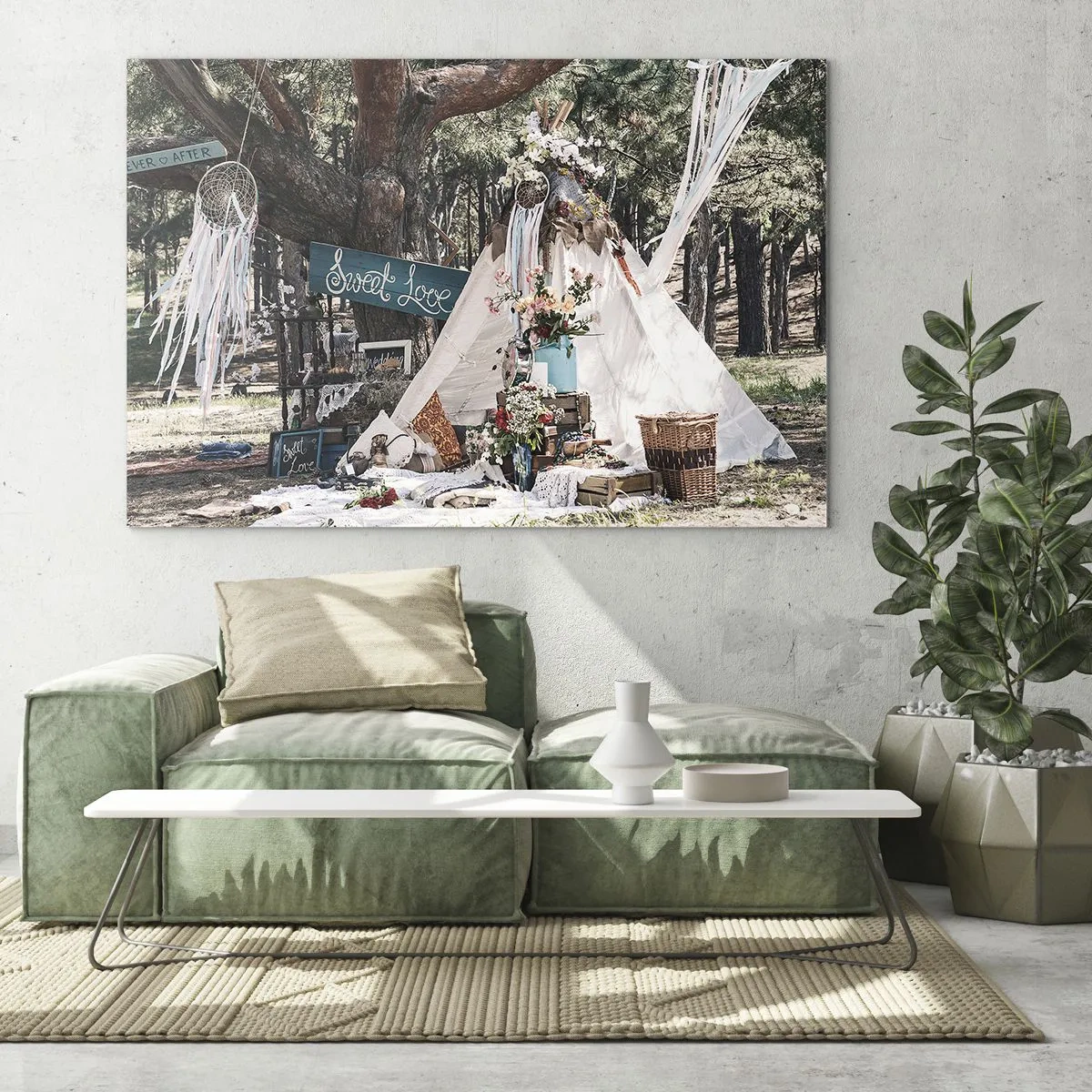 Impression sur verre - Image sur verre - Décoration extérieure bohème avec un tipi et des fleurs dans la forêt - 120x80cm - Make love… - Décoration murale moderne pour le salon et la chambre ARTTOR