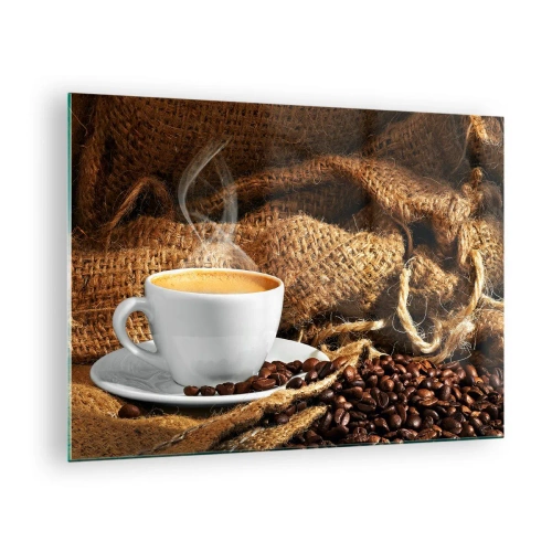 Impression sur verre - Image sur verre - Une tasse de café avec des grains sur un fond de jute - 70x50cm - L'odeur du moka et la densité du miel liquide - Décoration murale moderne pour le salon et la chambre ARTTOR