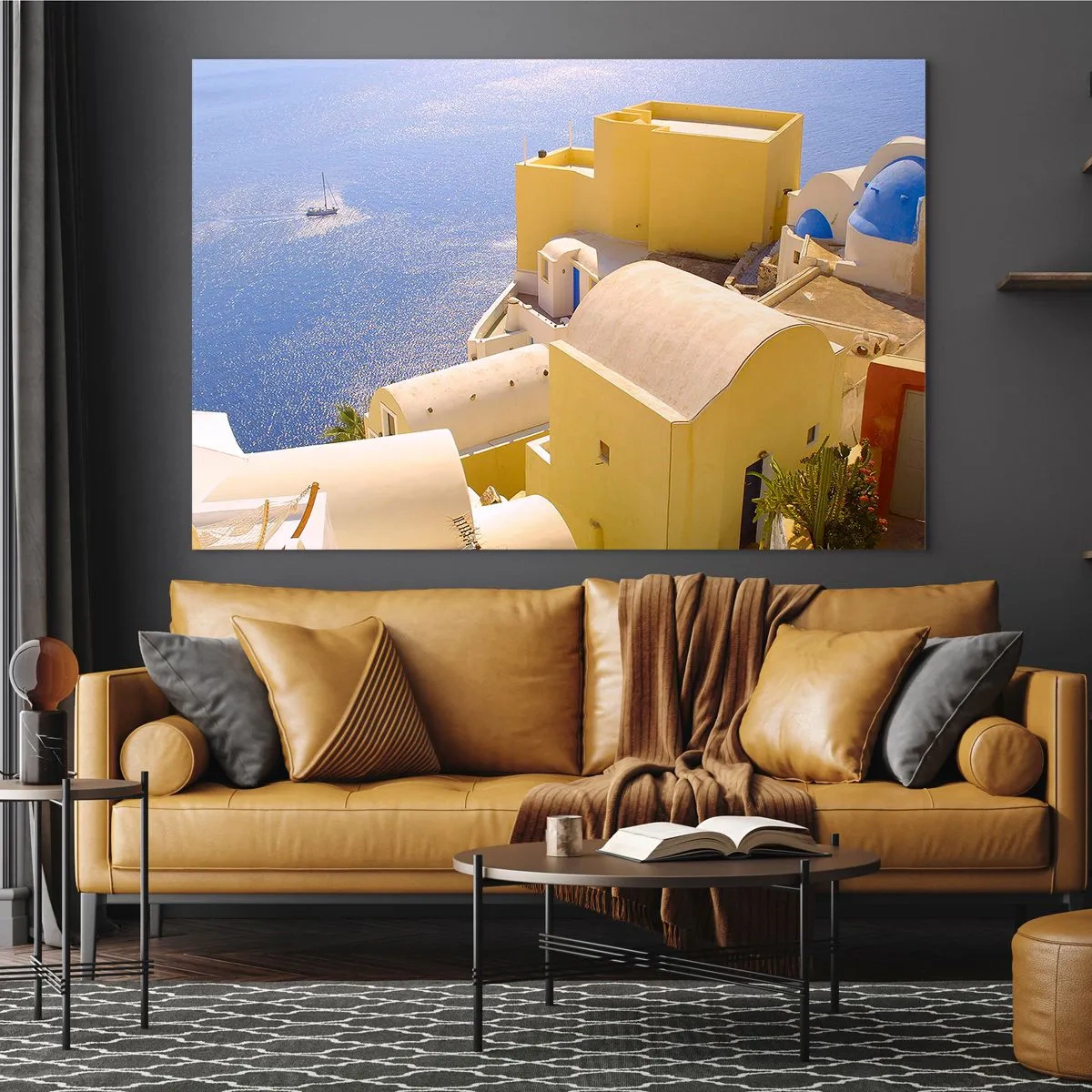 Impression sur verre - Image sur verre - Vue de Santorin avec la mer bleue et les bâtiments blancs - 70x50cm - Paysage grec en blanc et bleu ciel - Décoration murale moderne pour le salon et la chambre ARTTOR