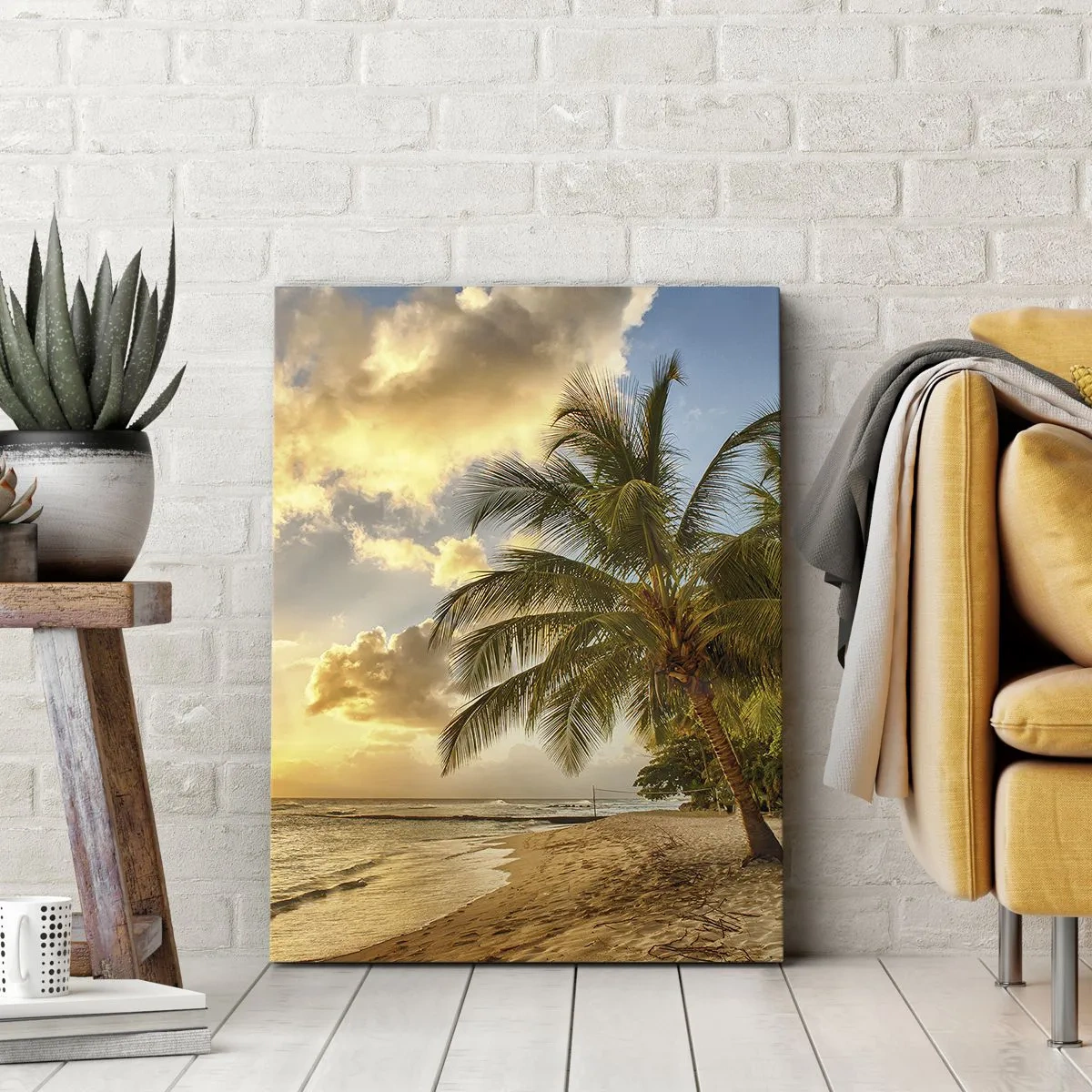 Impression sur toile - Image sur toile - Plage avec palmiers et coucher de soleil sur l'océan - 80x120cm - Été éternel, toujours des vacances - Décoration murale moderne pour le salon et la chambre ARTTOR