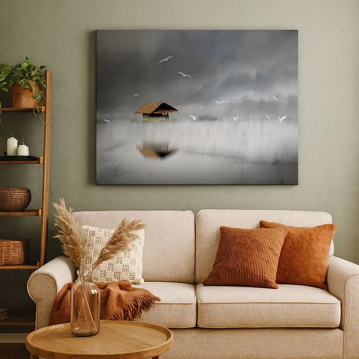 Impression sur toile - Image sur toile - Un chalet solitaire sur l'eau entouré de brouillard et d'oiseaux - 70x50cm - A l'abri de la pluie - Décoration murale moderne pour le salon et la chambre ARTTOR