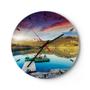 Horloge murale - Pendule murale - Un cadran d'horloge donnant sur un lac avec des bateaux en bois à la jetée - 30x30cm - Aussi lisse qu'un miroir au-dessus de l'eau - Décoration murale moderne pour le salon, la cuisine et la chambre ARTTOR