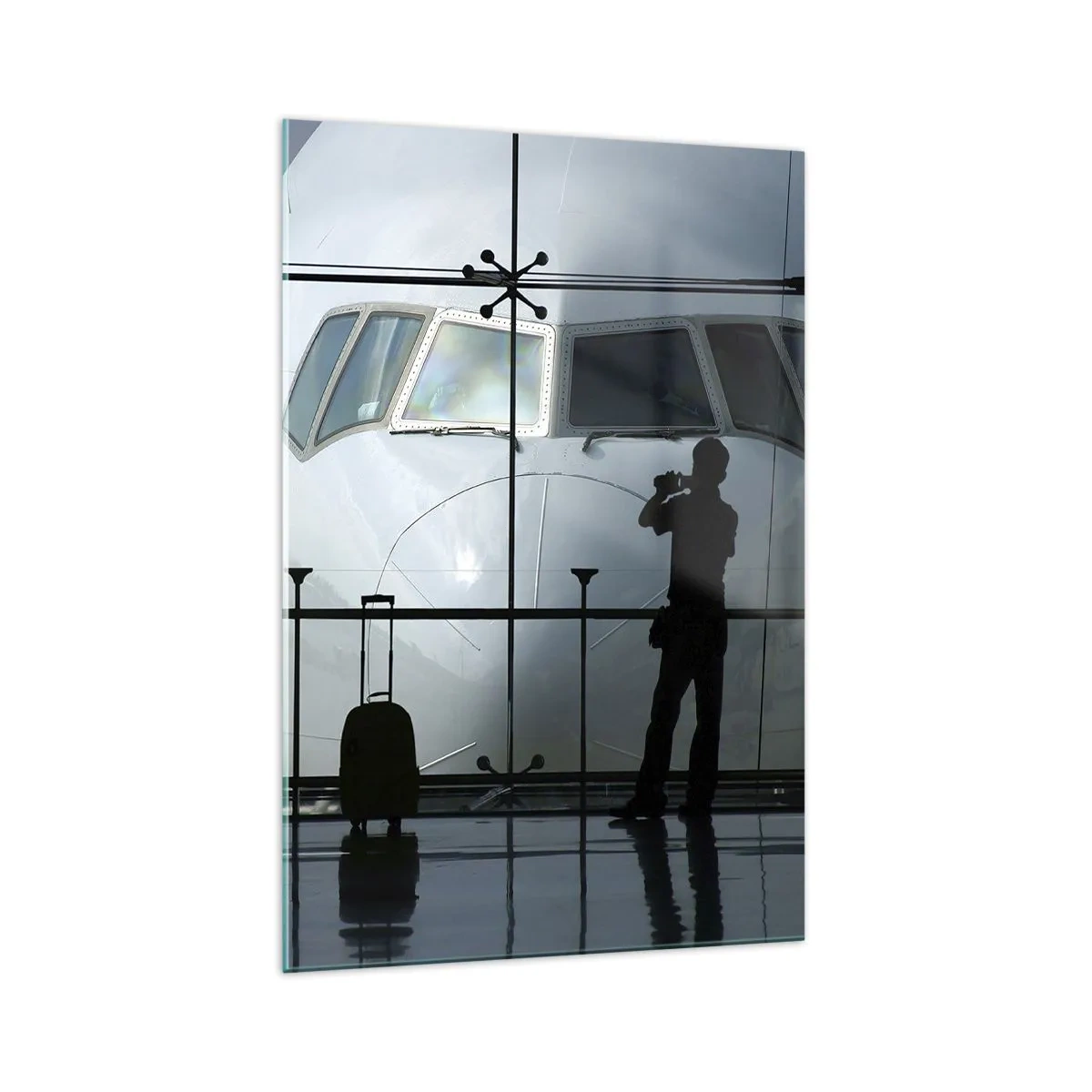 Impression sur verre - Image sur verre - Aéroport avec des silhouettes de personnes et une vue de l'avion - 70x100cm - Vis-à-vis de l'aéroport - Décoration murale moderne pour le salon et la chambre ARTTOR