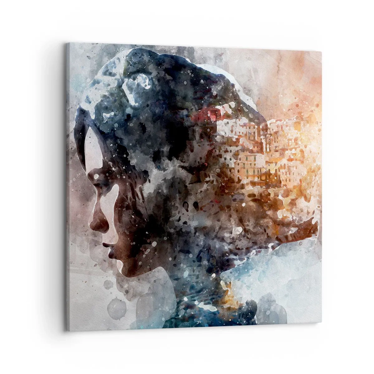 Impression sur toile - Image sur toile - L'histoire d'une fille avec une ville en arrière-plan - 50x50 cm