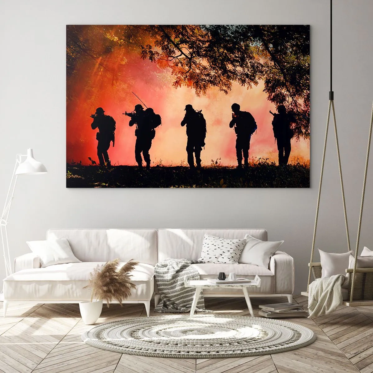 Impression sur verre - Image sur verre - Un groupe de soldats marchant sur fond de forêt en feu. - 120x80cm - … Tous pour un. - Décoration murale moderne pour le salon et la chambre ARTTOR