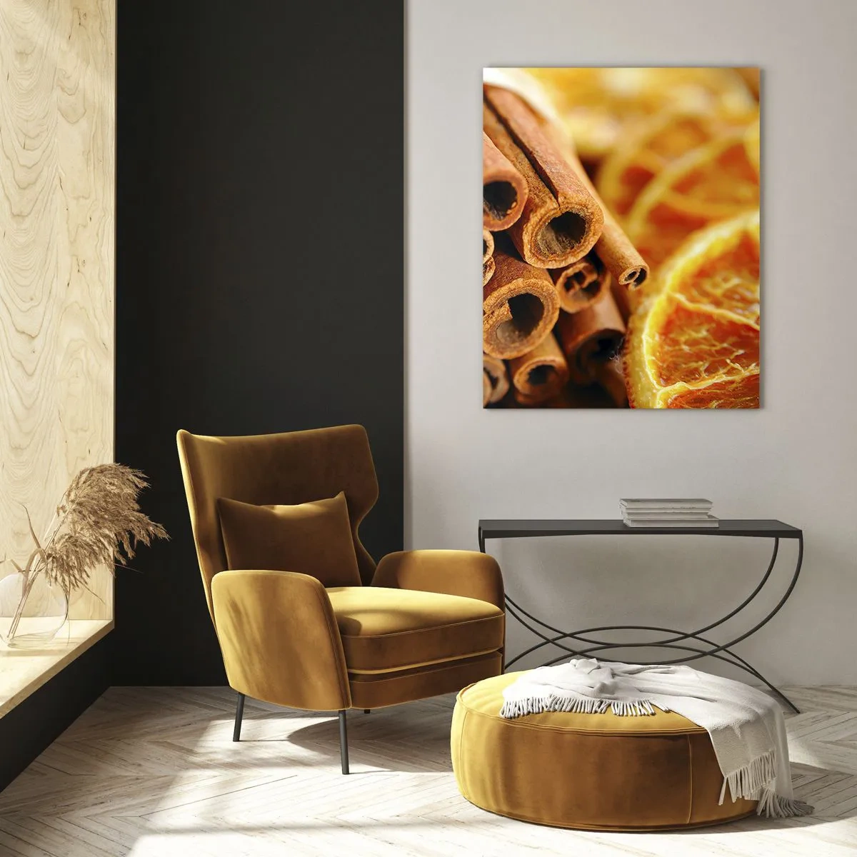 Impression sur verre - Image sur verre - Gros plan sur des bâtons de cannelle et des tranches d'orange séchées - 50x70cm - Sentez-vous leurs odeurs? - Décoration murale moderne pour le salon et la chambre ARTTOR