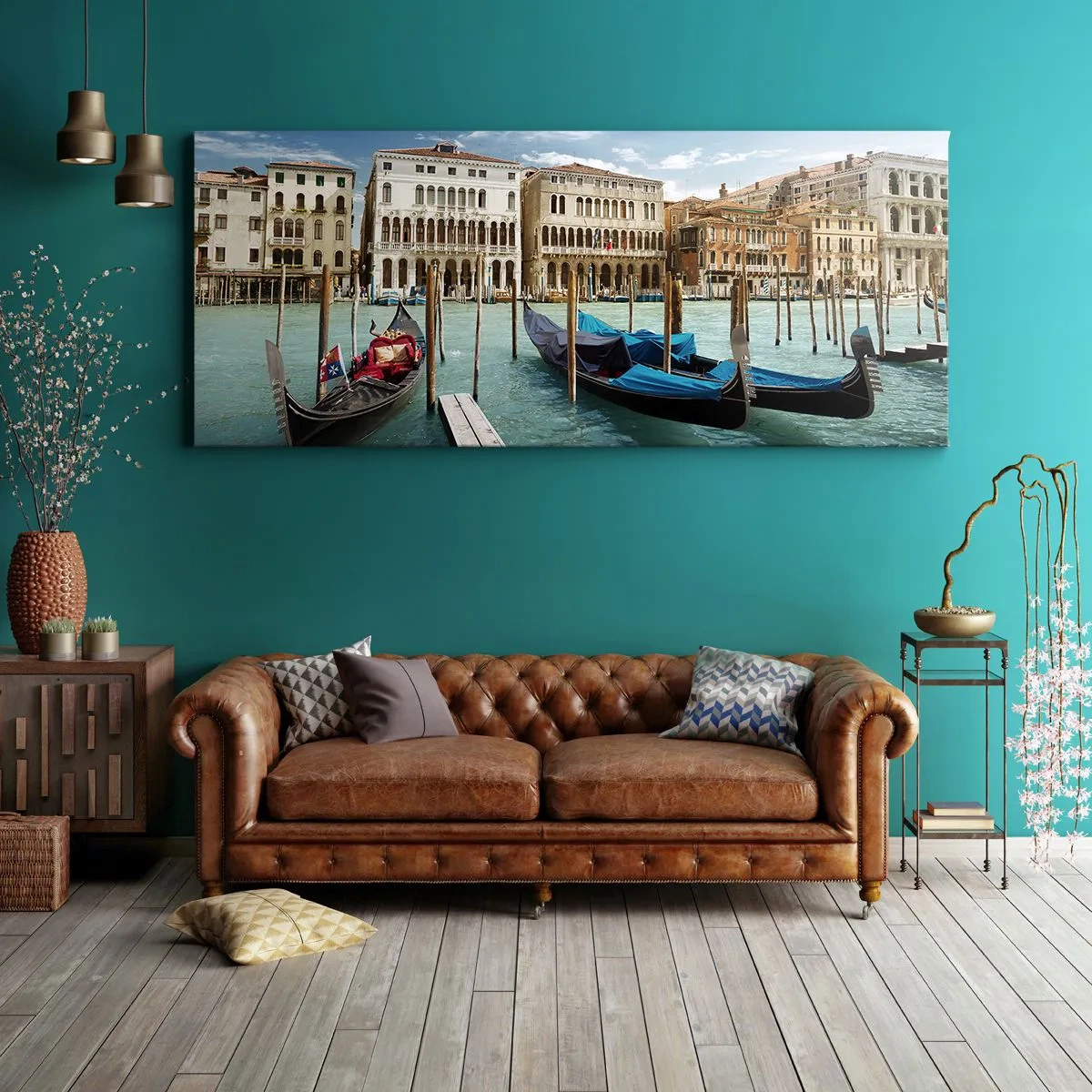 Impression sur toile - Image sur toile - Venise avec des gondoles et des palais contre le ciel - 160x50cm - Palace bleu ciel - Décoration murale moderne pour le salon et la chambre ARTTOR