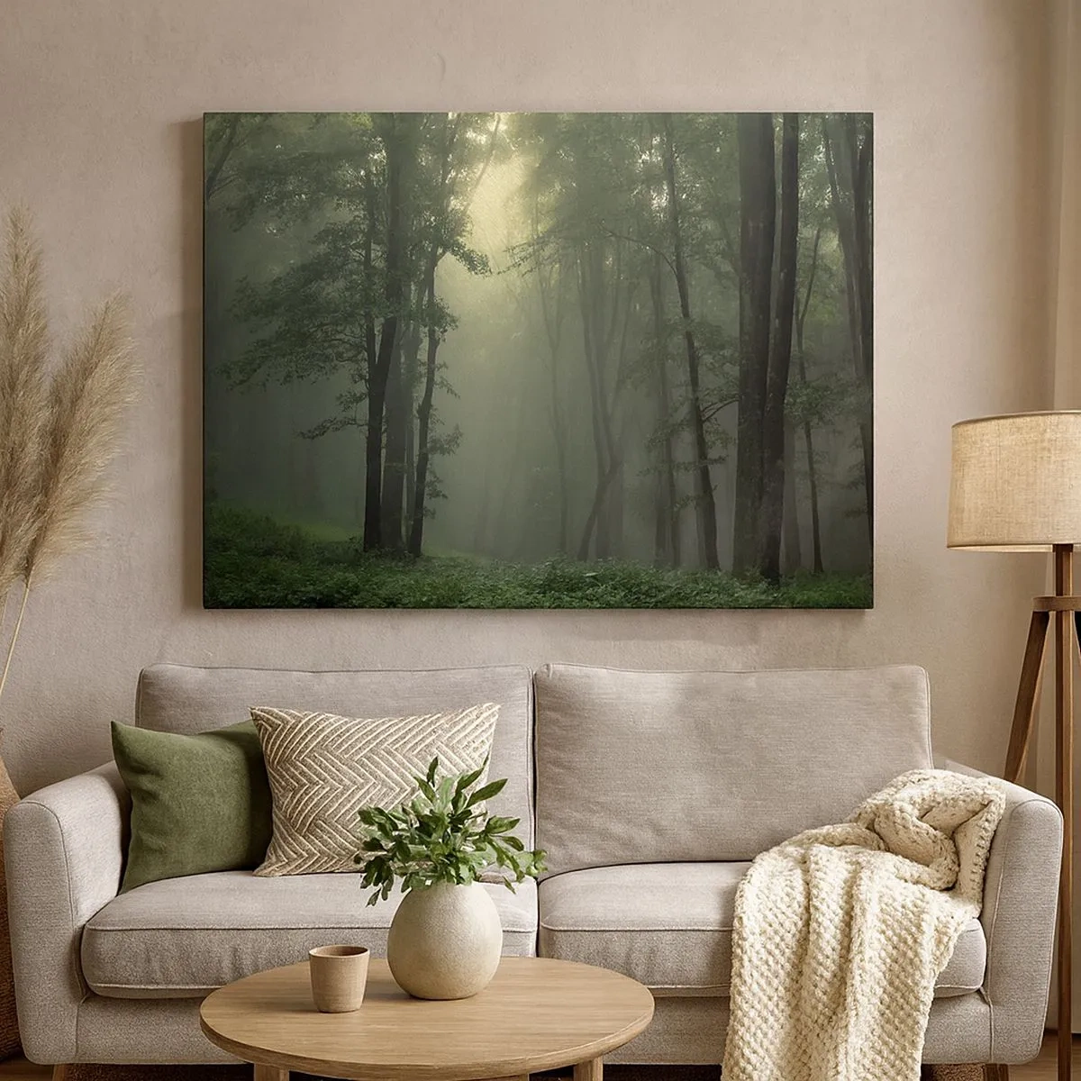 Impression sur toile - Image sur toile - Une forêt verte le matin enveloppée d'un brouillard délicat - 70x50cm - Avant qu'il ne se réveille - Décoration murale moderne pour le salon et la chambre ARTTOR