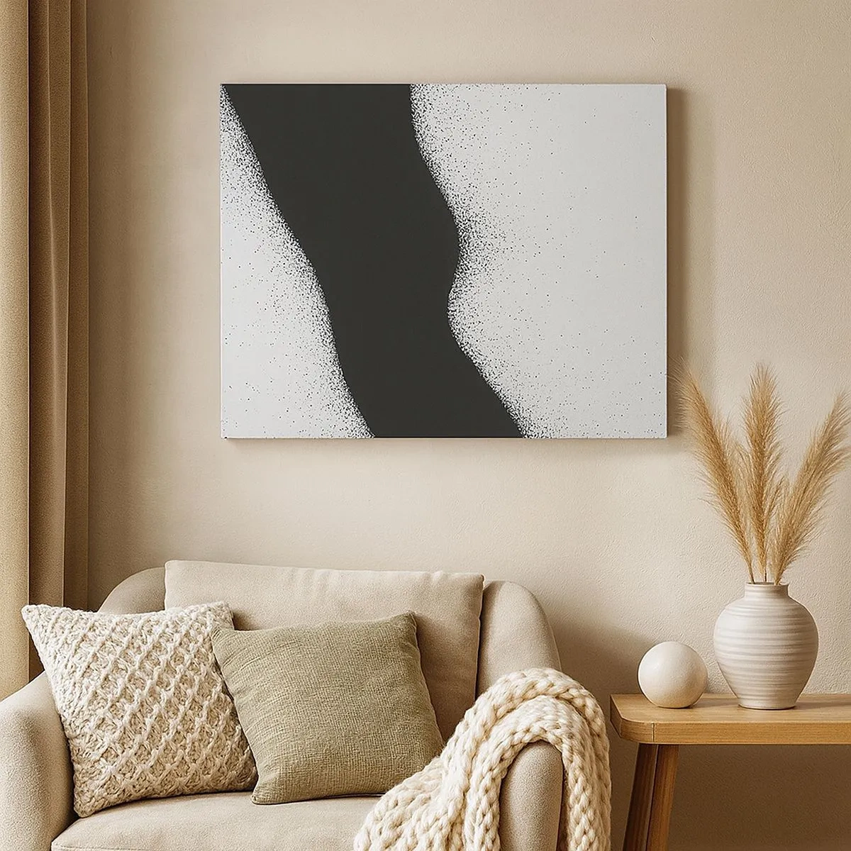 Impression sur toile - Image sur toile - Motif abstrait noir et blanc avec des points délicats sur toile - 70x50cm - Équilibre fluide - Décoration murale moderne pour le salon et la chambre ARTTOR