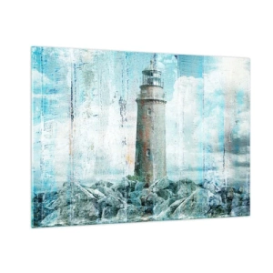 Impression sur verre - Image sur verre - Phare vintage avec des nuages en arrière-plan - 100x70cm - Sur du vieux bois - Décoration murale moderne pour le salon et la chambre ARTTOR