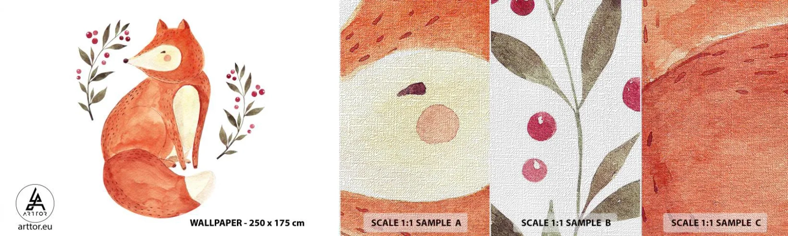 Échantillon de Papier Peint Premium Canvas - Petit rouquin - Pour les enfants, Renard, Conte de fées - 100x30 cm