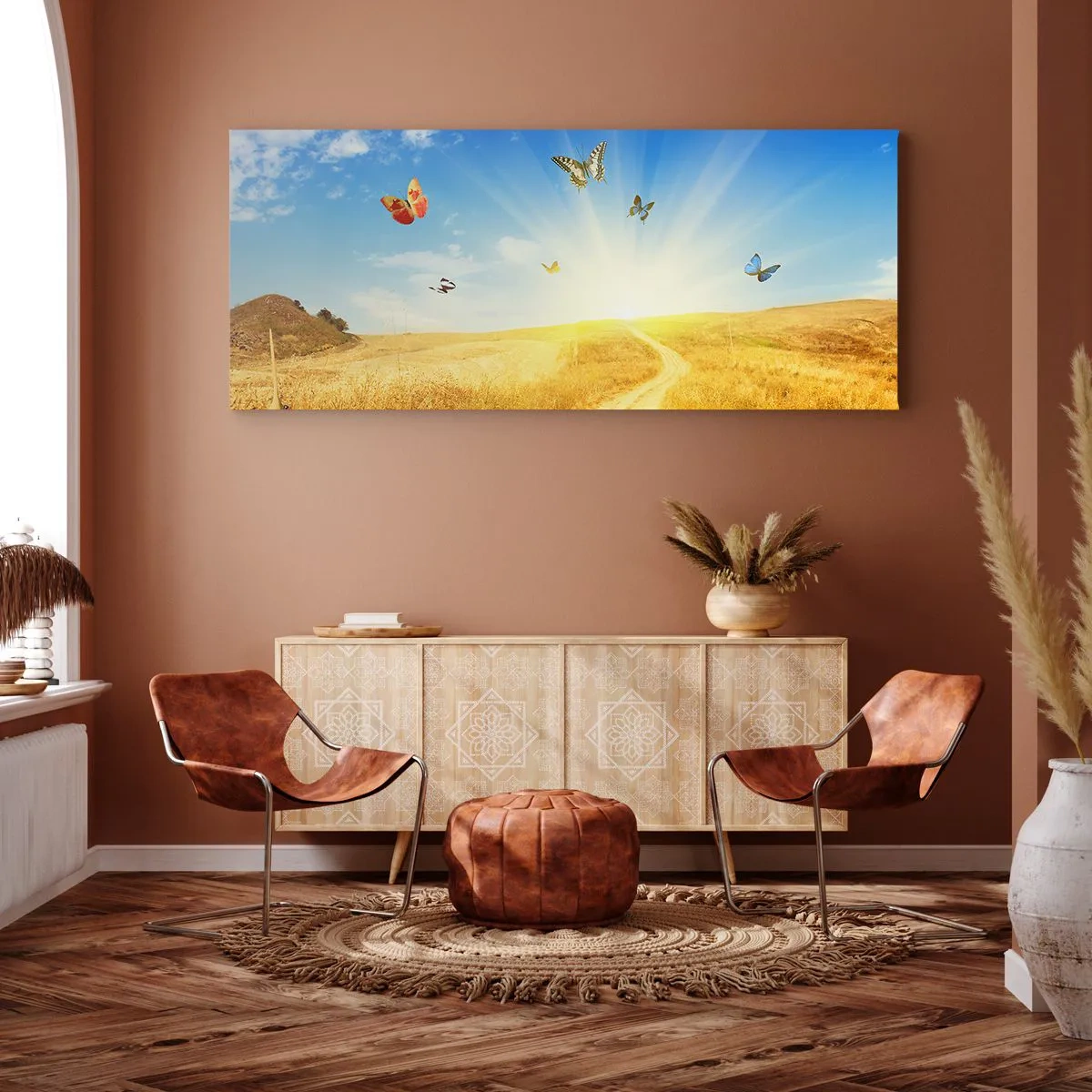 Impression sur toile - Image sur toile - Un champ doré, un chemin et des papillons contre un ciel bleu - 120x50cm - Et comment ne pas aimer l'été ? - Décoration murale moderne pour le salon et la chambre ARTTOR