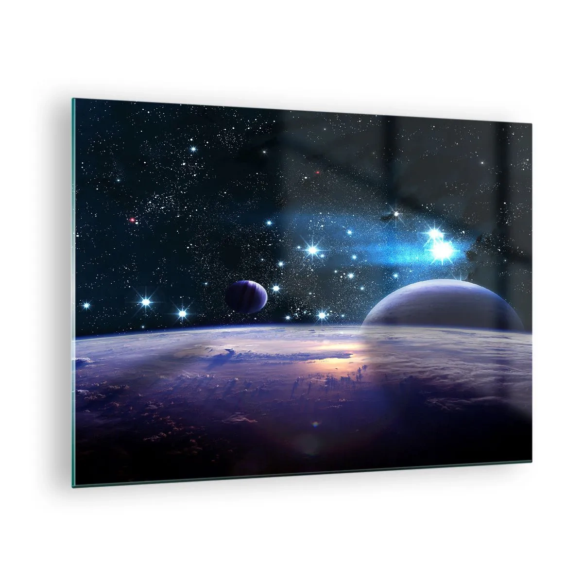 Impression sur verre - Image sur verre - Un paysage spatial avec des planètes et des étoiles sur fond de galaxie. - 70x50cm - Toujours seul? - Décoration murale moderne pour le salon et la chambre ARTTOR
