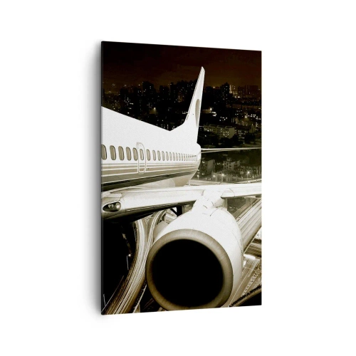 Impression sur toile - Image sur toile - Un avion au-dessus d'une ville nocturne avec des autoroutes illuminées - 80x120cm - Vole dans la nuit - Décoration murale moderne pour le salon et la chambre ARTTOR