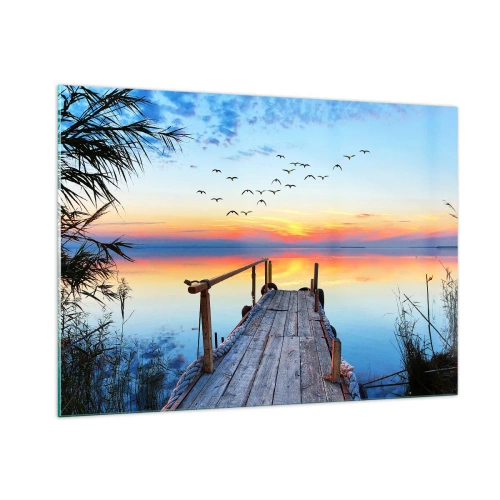 Impression sur verre - Image sur verre - Une jetée en bois au-dessus d'un lac au coucher du soleil avec une volée d'oiseaux volant au-dessus - 100x70cm - Il est temps de rentrer... - Décoration murale moderne pour le salon et la chambre ARTTOR