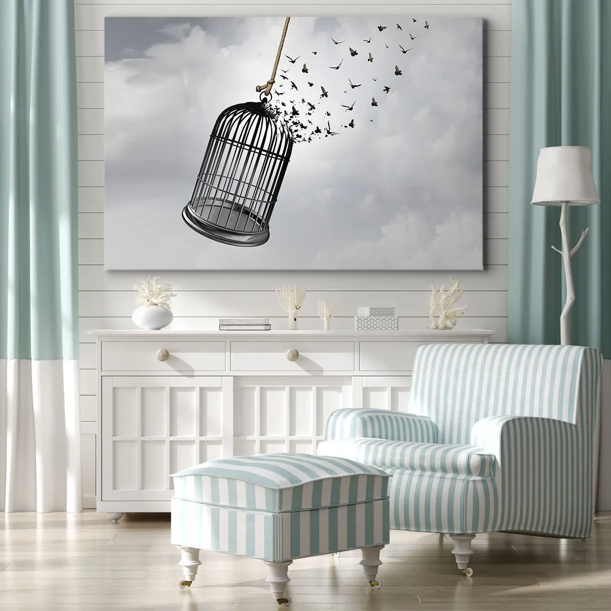 Impression sur toile - Image sur toile - Des oiseaux s'envolent d'une cage dans le ciel - 120x80cm - Foie...Espoir...Liberté! - Décoration murale moderne pour le salon et la chambre ARTTOR
