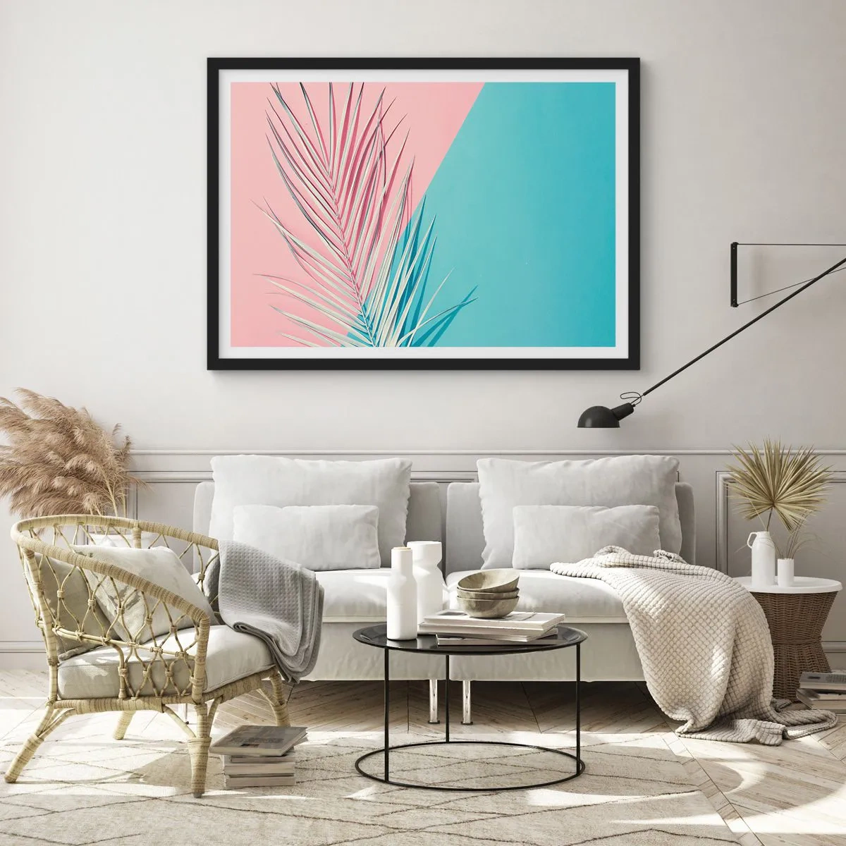 Affiche dans un cadre noir - Poster - Feuille tropicale sur un fond de tons pastel de rose et de bleu - 70x50cm - Impression tropicale - Décoration murale moderne pour le salon et la chambre ARTTOR
