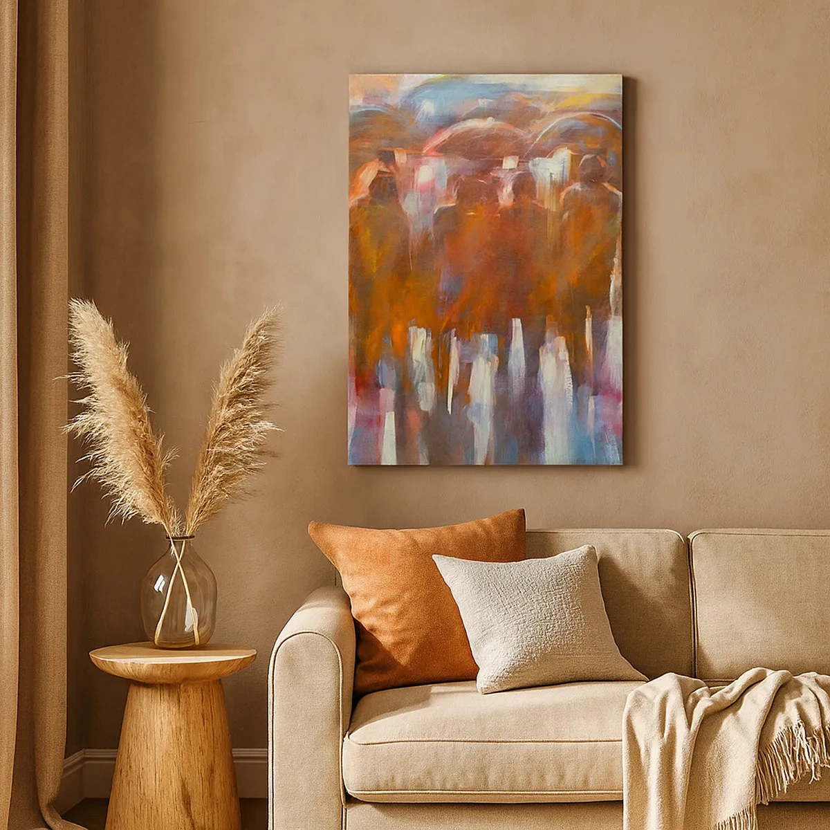 Impression sur toile - Image sur toile - Une foule de personnes avec des parapluies dans un décor pluvieux et artistique - 50x70cm - Identiques sous la pluie et dans le brouillard - Décoration murale moderne pour le salon et la chambre ARTTOR